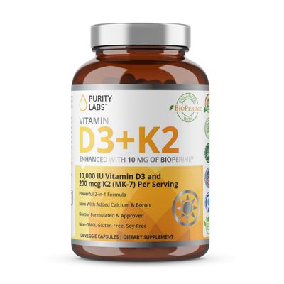 Purity Labs Vitamin D3 K2 10000 IU, (250mcg) D3 + 200mcg K2 MK7 - Immune Support Supplement Enhanced with Bioperine - Supplements for Daily Defense, Bone, Muscle &amp; Skin Health - 120 Capsules