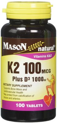 Mason Natural Vitamin K2 100 mcg Plus D3 1000 IU Tablets 100 Count per Bottle Pack of 3 Total 300 Tablets