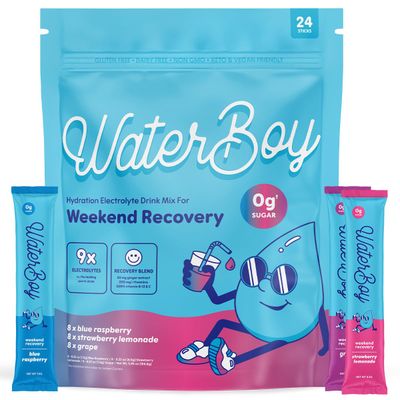 Waterboy Weekend Recovery Variety | 3,200mg Electrolyte Powder Packets | Ginger + L-Theanine + Vitamins | No Sugar, All Natural, Gluten Free | 24 Drink Stick Mixes (Variety Pack)