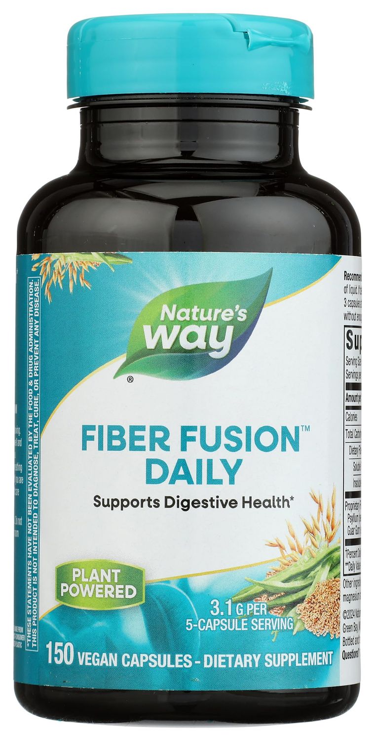 Nature&#39;s Way Fiber Fusion Daily, with Psyllium Husk, Oat Bran, Guar Gum, Pectin, Digestive Health Support*, Vegan, 150 Capsules (Packaging May Vary)