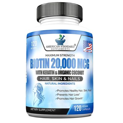 Biotin 20,000mcg with Keratin, Coconut Powder and Zinc, Hair Growth Supplements, Biotin Supplements, Healthy Hair Skin &amp; Nails for Adults,120 Veggie Capsules, 120 Day Supply
