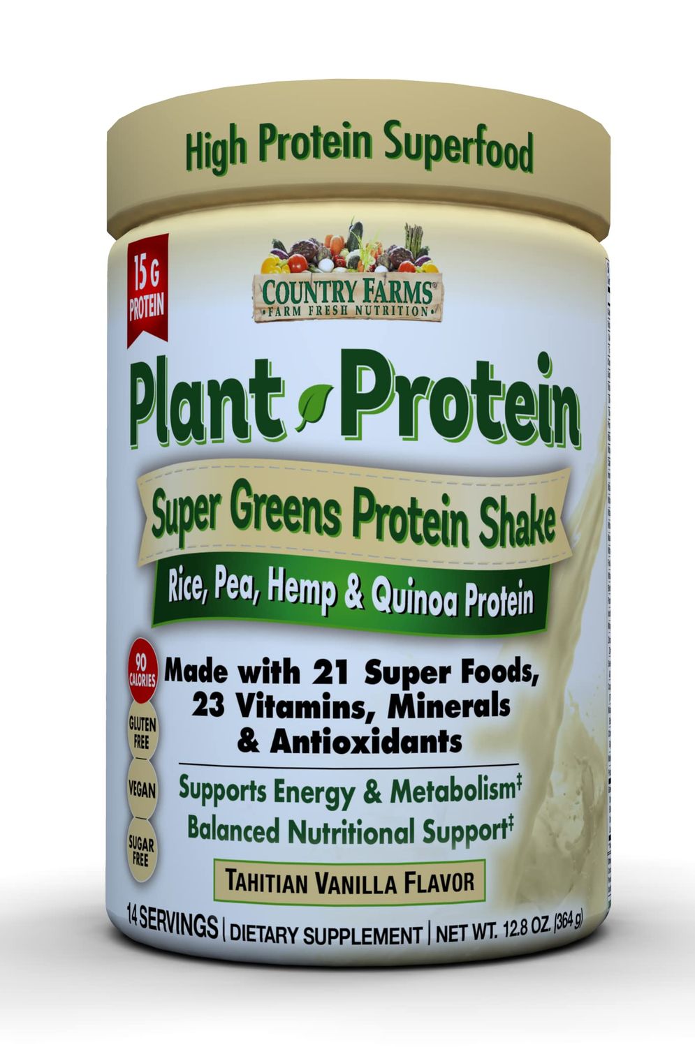 COUNTRY FARMS Super Greens Plant Protein Supplement, Made with 21 Super Foods, 23 Vitamins, Minerals &amp; Antioxidants, Supports Energy &amp; Metabolism, Vanilla Flavor, 14 Servings