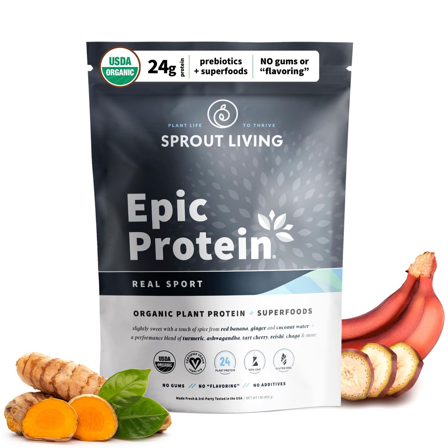 Sprout Living, Epic Protein, Plant Based Protein &amp; Superfoods Powder, Real Sport | 24 Grams Organic Protein Powder, Recovery, Vegan, Non Dairy, Non-GMO, Gluten Free, Low Sugar (1 Pound, 12 Servings)