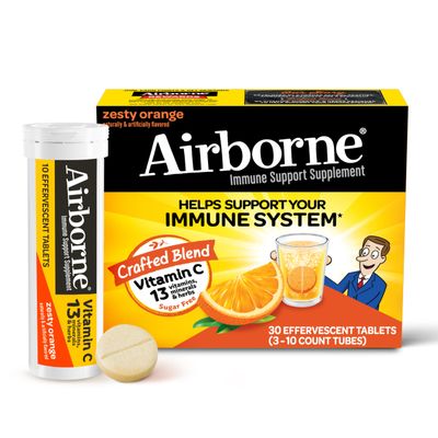 Airborne 1000mg Vitamin C with Zinc, SUGAR FREE Effervescent Tablets, Immune Support Supplement with Powerful Antioxidants Vitamins A C &amp; E - 30 Fizzy Drink Tablets, Zesty Orange Flavor