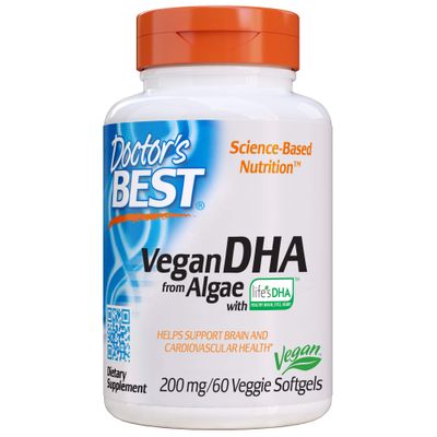 Doctor&#39;s Best Vegetarian DHA from Algae, Non-GMO, Vegan, Gluten Free, 200 mg, 60 Count