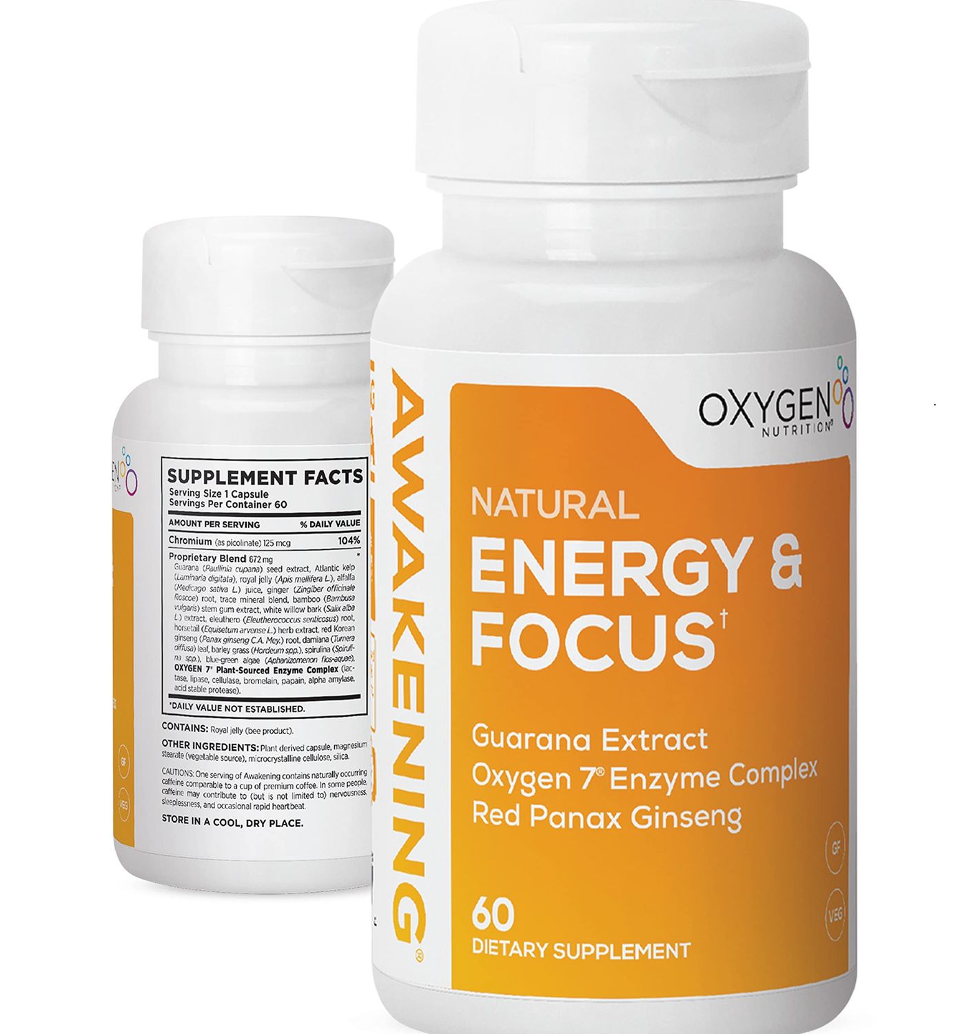 Awakening Natural Energy &amp; Focus Nootropic Supplement with Panax Ginseng, Guarana Extract &amp; Chromium Picolinate | Brain Supplement for Focus, Energy, Mood &amp; Clarity | Gluten Free Veggie, USA - 60 Caps