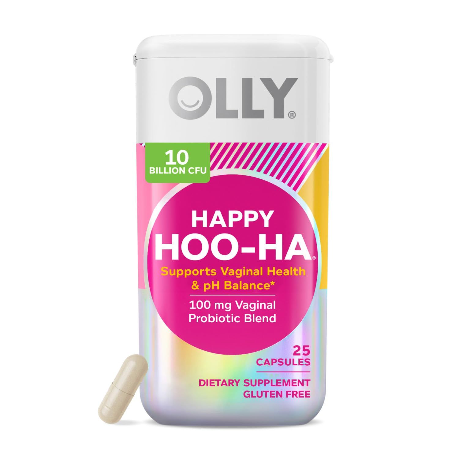 OLLY Happy Hoo-Ha Capsules, Probiotic for Women, Vaginal Health and pH Balance, 10 Billion CFU, Gluten Free - 25 Count (Packaging May Vary)