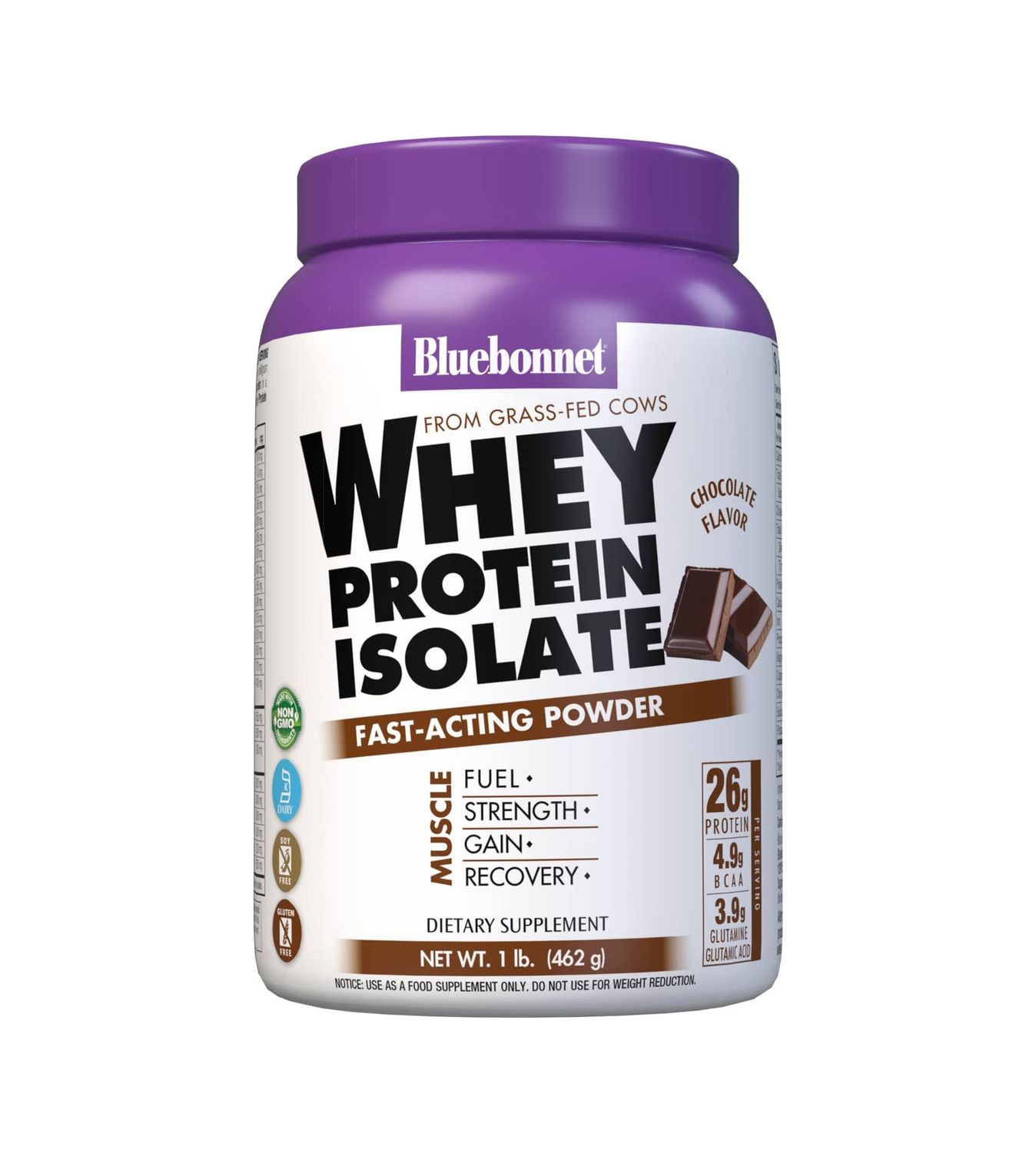 Bluebonnet Nutrition Whey Protein Isolate Powder, Whey From Grass Fed Cows, 26g of Protein, No Sugar Added, Gluten Free, Soy free, kosher Dairy, 1 Lb, 14 Servings, Chocolate Flavor