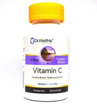 DR WELLME NUTRITION 500mg Easy Chewable Vitamin C Tablets for Kids &amp; Adults Provides Immune and Bone Support | Made in The USA by Doctors of Pharmacy | Tropical Breeze Flavor 60 Count