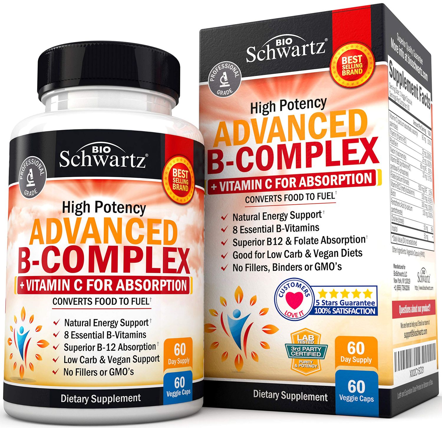 Vitamin B Complex with Vitamin C for Maximum Absorption - Methylcobalamin b12 &amp; Folate Folic Acid Supplement - Vitamins B1 B2 B3 B5 B6 B7 B9 for Immune Energy &amp; Nervous System Support - Non-GMO -60ct
