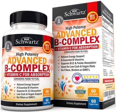 Vitamin B Complex with Vitamin C for Maximum Absorption - Methylcobalamin b12 &amp; Folate Folic Acid Supplement - Vitamins B1 B2 B3 B5 B6 B7 B9 for Immune Energy &amp; Nervous System Support - Non-GMO -60ct