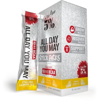 5% Nutrition Rich Piana AllDayYouMay BCAA Powder | 9g of Premium Intra &amp; Post Workout Amino Acids for Hydration, Endurance, Muscle Recovery, Joint &amp; Liver Support (Italian Lemon Ice)