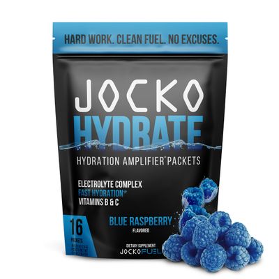 Jocko Fuel Hydrate Electrolytes Powder Packets Low Sugar - Hydration Amplifier Packets for Recovery, Dehydration, &amp; Exercise - with Vitamins B6, B12 &amp; C (16 Packets) Blue Raspberry
