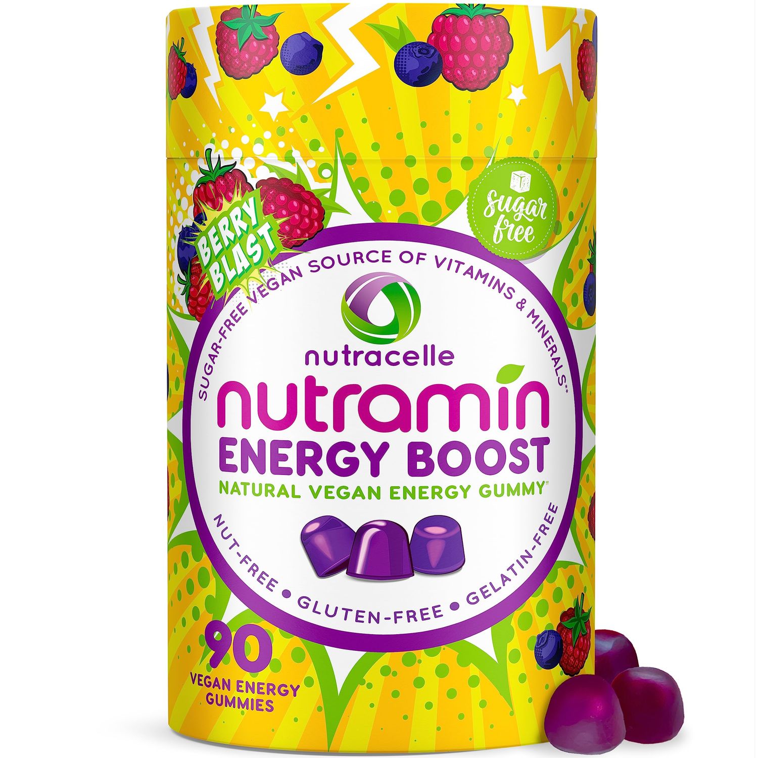 NUTRAMIN Energy Boost Vitamin Gummy - Skip The Coffee &amp; Boost Your Energy, Caffeine-Free, Sugar-Free, Vegan, B12, Green Tea, Ashwagandha, Garcinia Cambogia, Raspberry Adaptogen - 90 ct