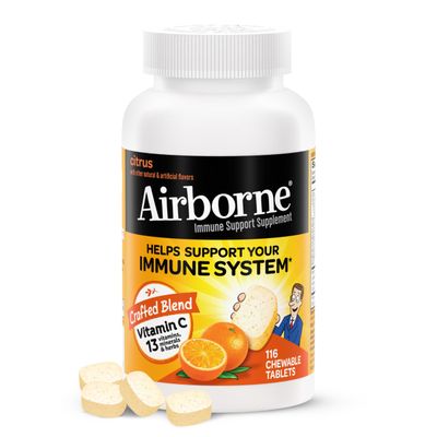 Airborne 1000mg Vitamin C Chewable Tablets with Zinc, Immune Support Supplement with Powerful Antioxidants Vitamins A C &amp; E - (116 count bottle), Citrus Flavor, Gluten-Free