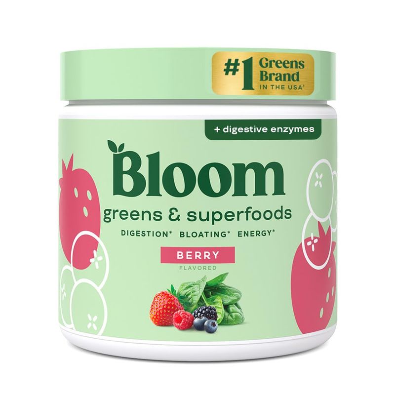Bloom Nutrition Superfood Greens Powder, Digestive Enzymes with Probiotics and Prebiotics, Gut Health, Bloating Relief for Women, Chlorella, Green Juice Mix with Beet Root Powder, 30 SVG, Berry