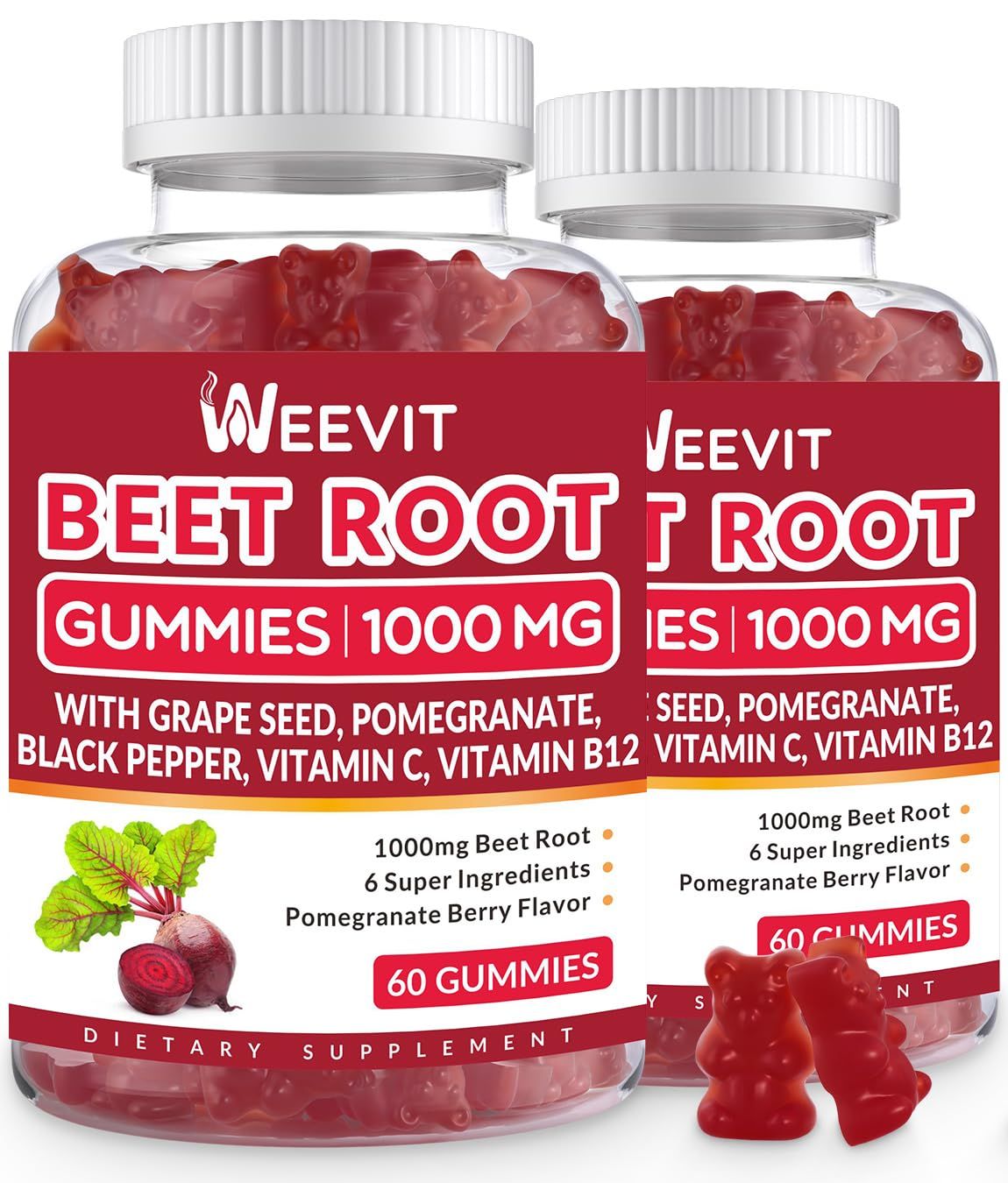 Beet Root Gummies 1000mg, Nitric Oxide Supplement for Men Women | Organic Beet Gummy with Grape Seed, Pomegranate, Black Pepper, Vitamin C, B12 (2-Pack)