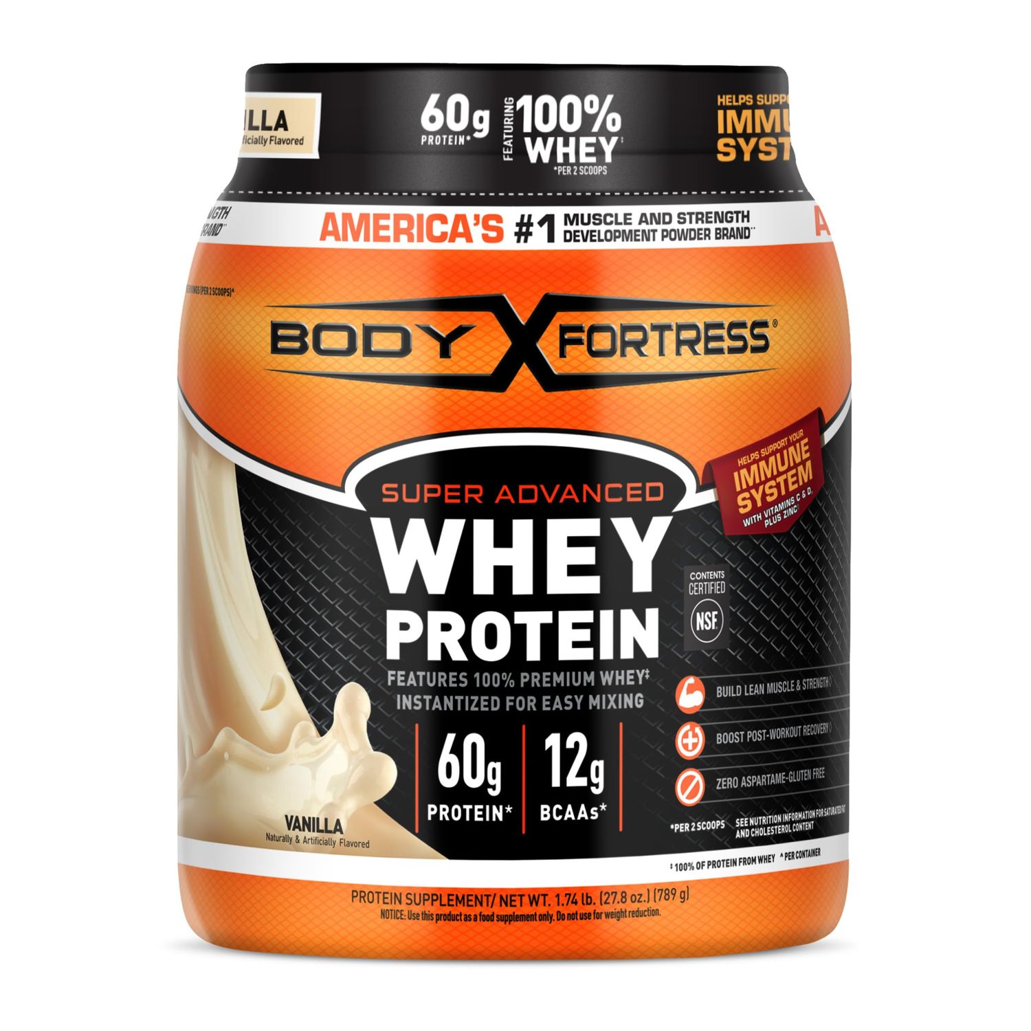 Body Fortress Super Advanced Whey Protein Powder, Vanilla, Immune Support (1), Vitamins C &amp; D Plus Zinc, 1.74 lbs