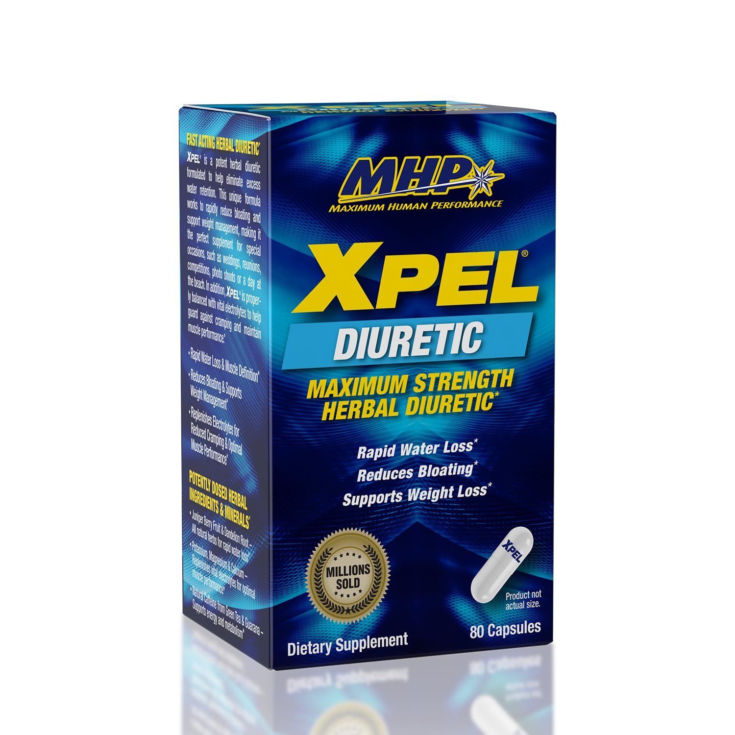 MHP Xpel Maximum Strength Diuretic Water Pills, for Water Retention Relief, Weight loss Support, with Vitamin B-6 Potassium Dandelion Root, 80 Capsules