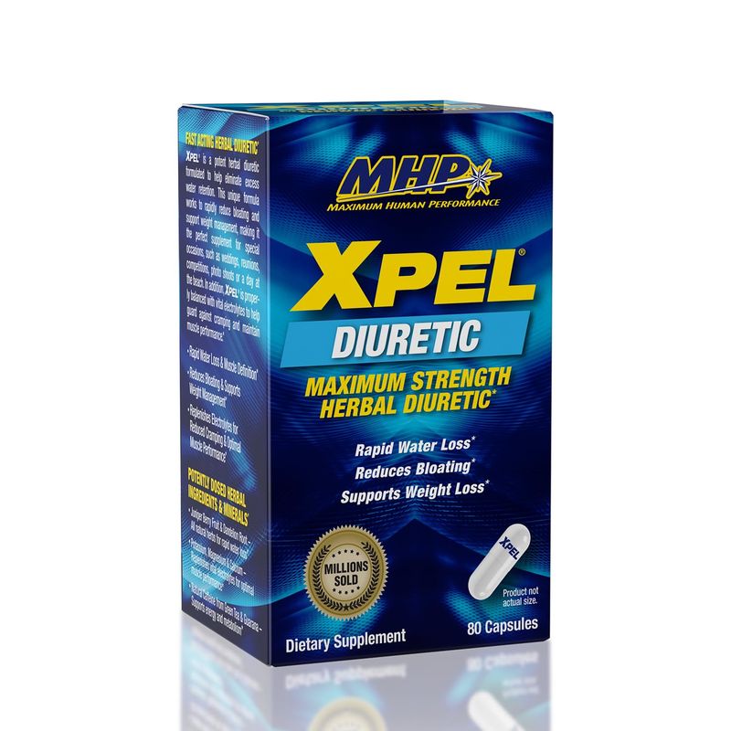 MHP Xpel Maximum Strength Diuretic Water Pills, for Water Retention Relief, Weight loss Support, with Vitamin B-6 Potassium Dandelion Root, 80 Capsules