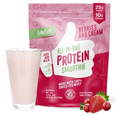 FlavCity Protein Powder Smoothie, Berries &amp; Cream - 100% Grass-Fed Whey with Collagen (25g of Protein) - Gluten Free &amp; No Added Sugars (38.73 oz)