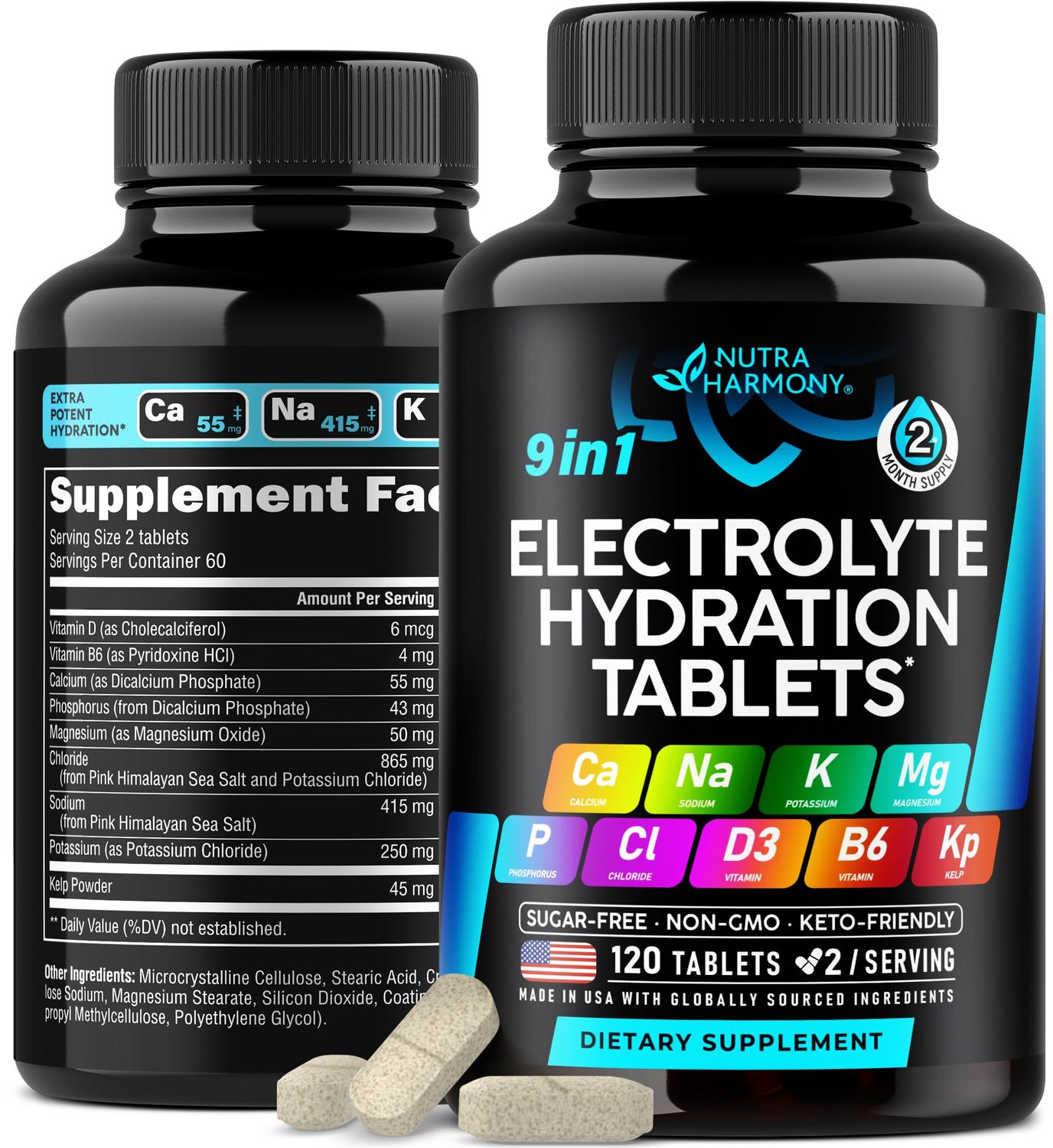 Electrolytes - Electrolyte Tablets with Magnesium, Sodium, Potassium, Chloride, Vitamins D3 &amp; B6, Kelp Powder - Salt Pills - Made in USA - Oral Tablets as Capsules - Vegan &amp; Keto Friendly - 120 Tabs