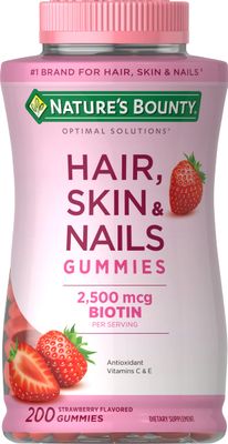 Nature&#39;s Bounty Optimal Solutions Hair, Skin and Nails Gummies with Biotin, 25000 mcg, Strawberry Flavored, 200 Count