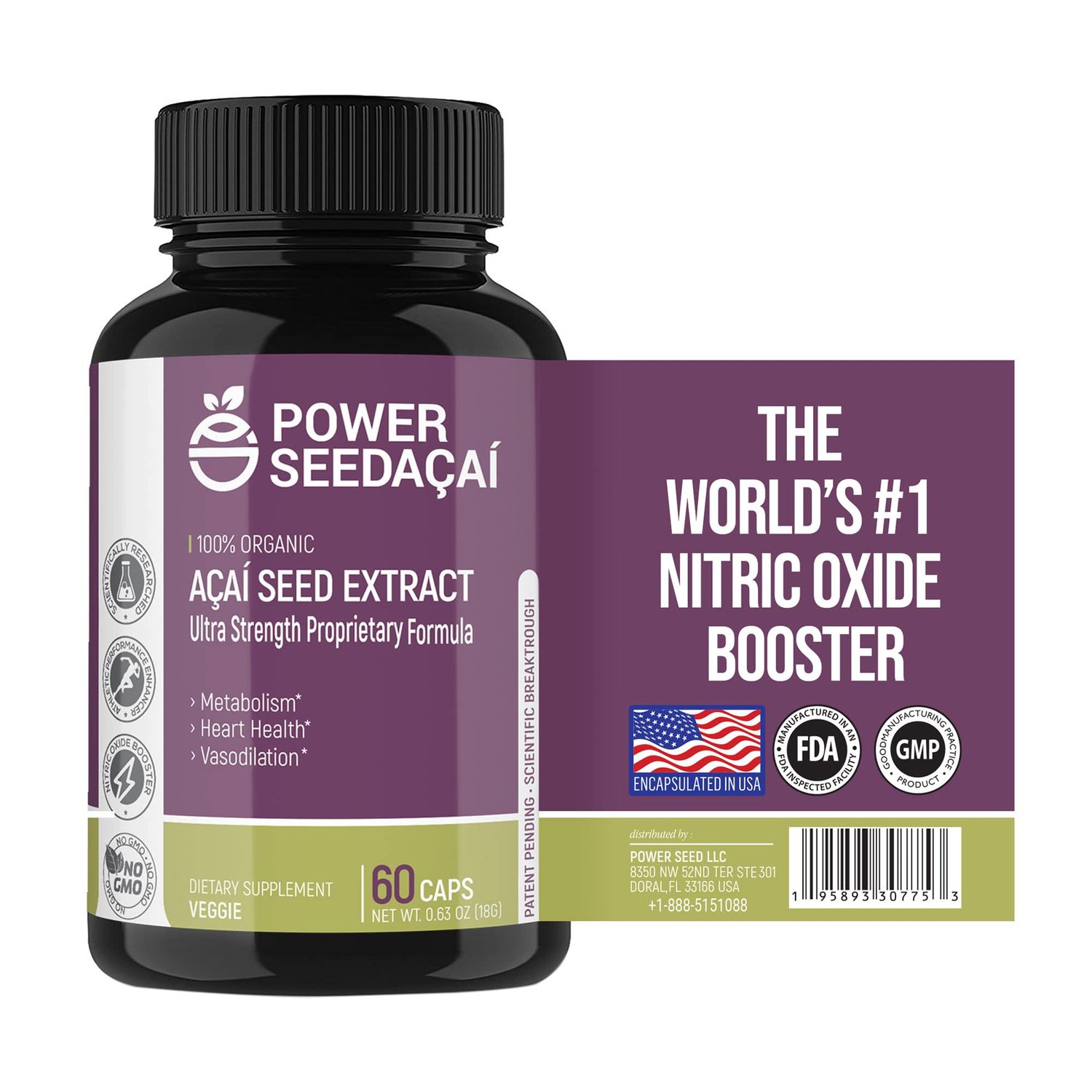 POWER SEEDAA New Patented Nitric Oxide Supplement -Increase Blood Flow &amp; Circulation- Organic Acai Seed Extract -100% Vasodilation, Support Circulation- 50 X Antioxidants- 60 Capsules