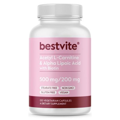BESTVITE Acetyl L-Carnitine 500mg &amp; Alpha Lipoic Acid 200mg per Capsule with Biotin (120 Vegetarian Capsules) - No Stearates - Vegan - Non GMO - Gluten Free