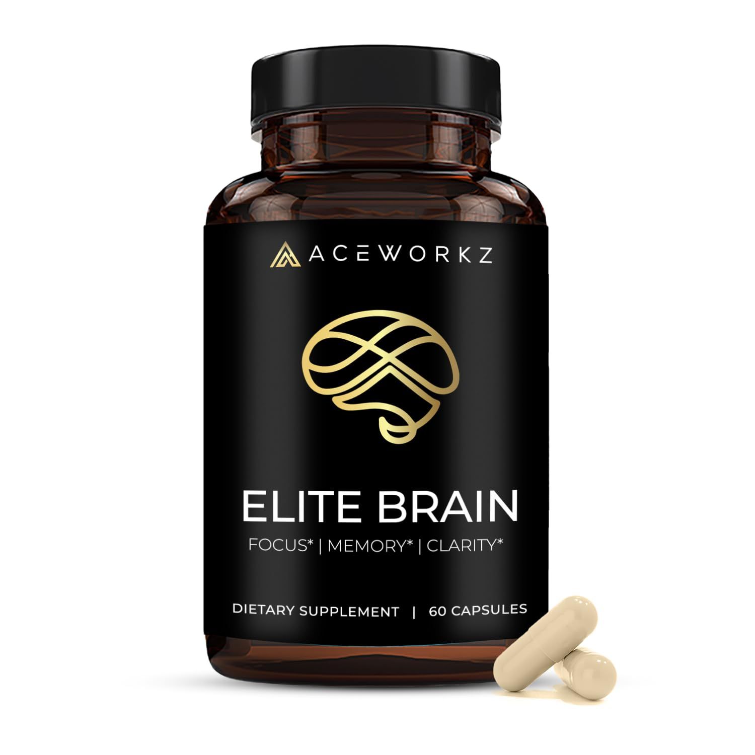 ACEWORKZ Elite Brain - Nootropic Brain Supplement for Focus, Memory, &amp; Mental Clarity - ALCAR, Lions Mane, ALA, L-Theanine, Vitamin B Complex - Natural Energy, Caffeine-Free (60 Capsules)