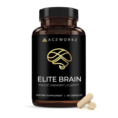 ACEWORKZ Elite Brain - Nootropic Brain Supplement for Focus, Memory, & Mental Clarity - ALCAR, Lions Mane, ALA, L-Theanine, Vitamin B Complex - Natural Energy, Caffeine-Free (60 Capsules)
