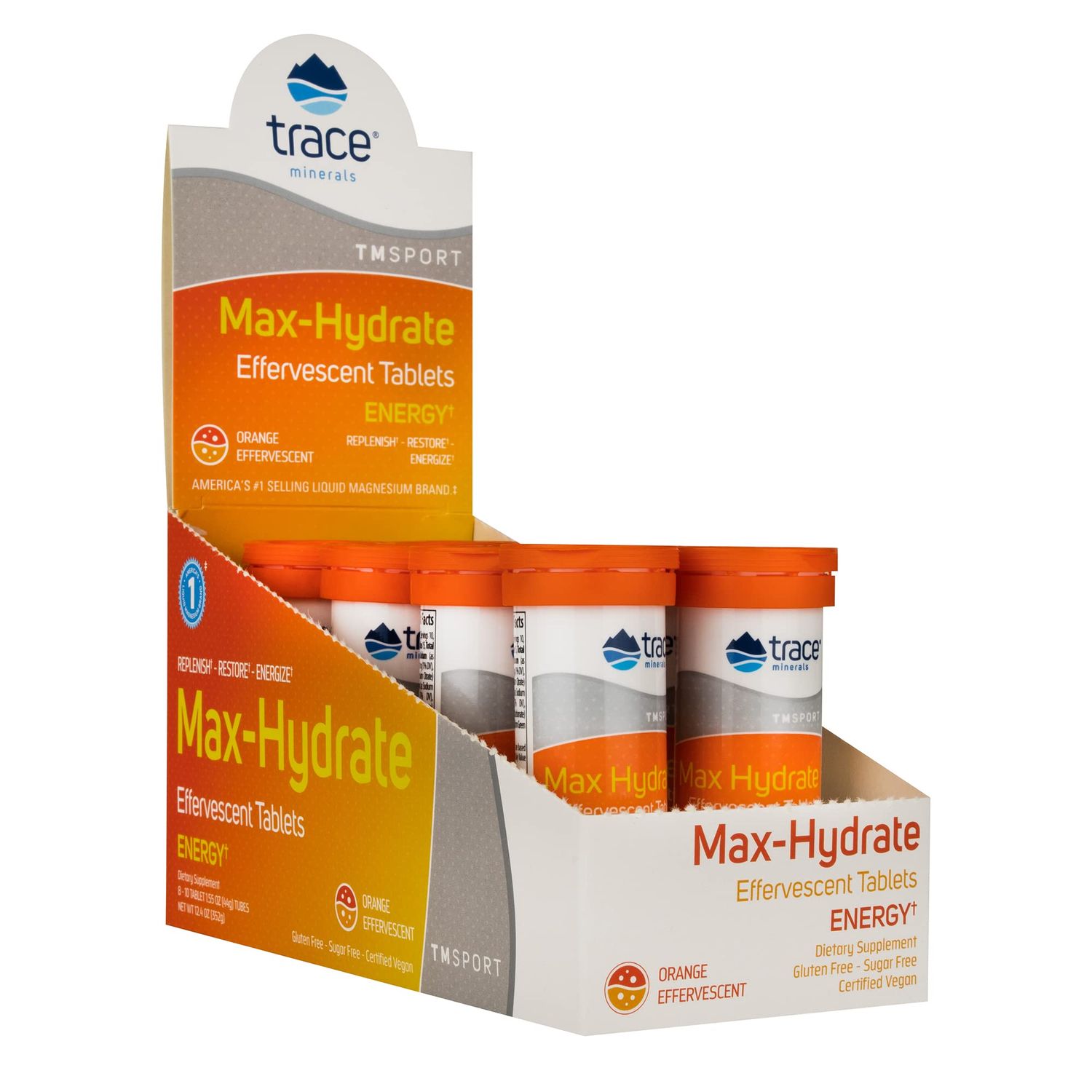 Trace Minerals | Max-Hydrate Endurance | Effervescent Tablets | Energy Support | Replenishes Electrolytes &amp; Helps Avoid Muscle Cramps and Muscle Fatigue | Orange Flavor | 8 x 10 Tabs