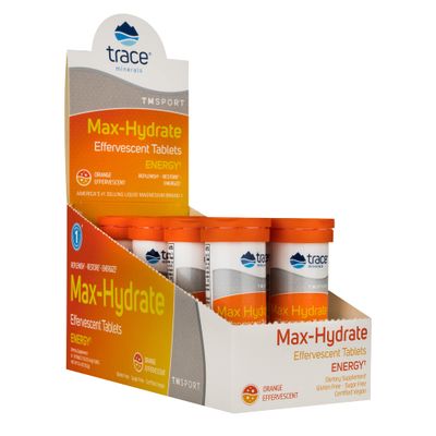 Trace Minerals | Max-Hydrate Endurance | Effervescent Tablets | Energy Support | Replenishes Electrolytes &amp; Helps Avoid Muscle Cramps and Muscle Fatigue | Orange Flavor | 8 x 10 Tabs