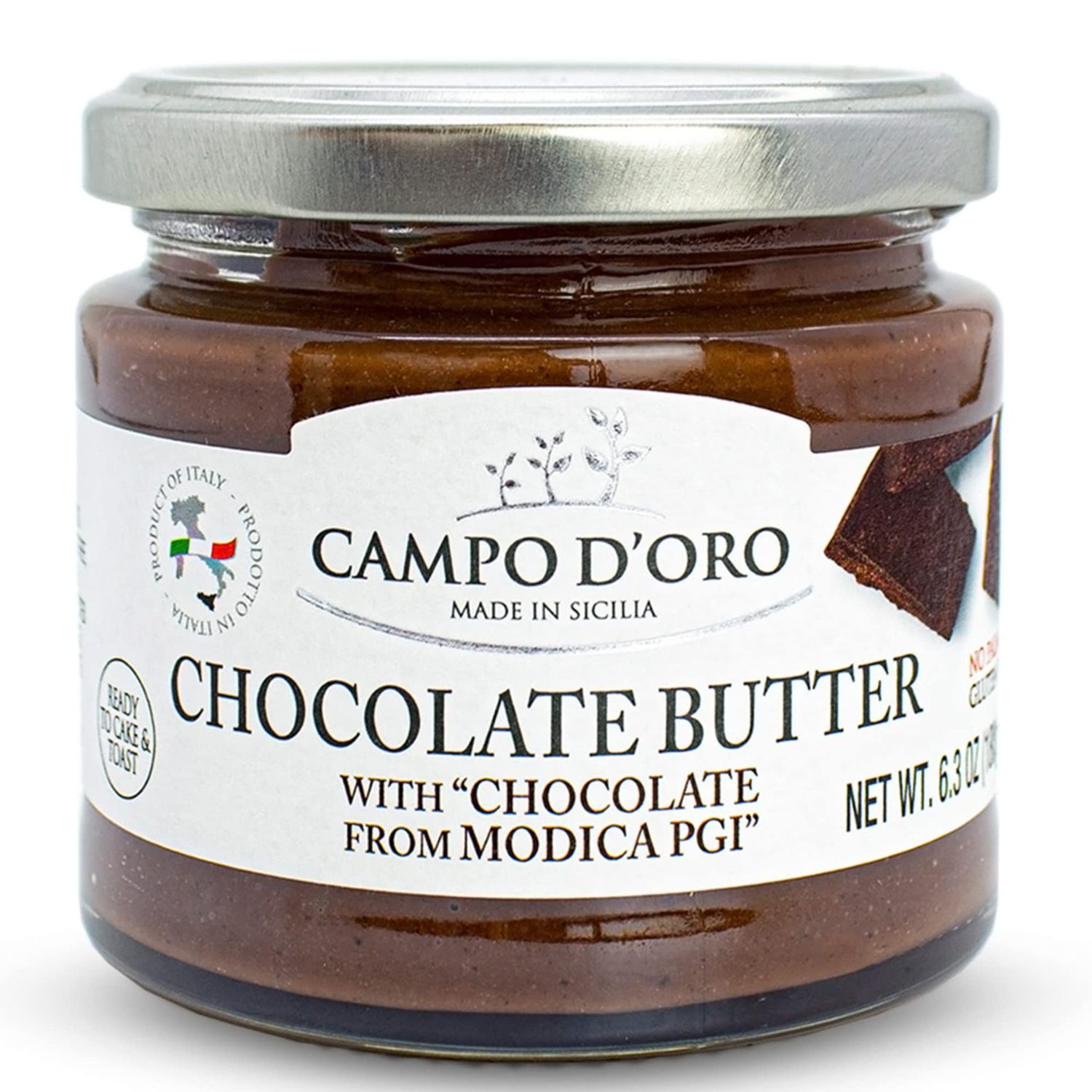 Premium Chocolate Spread, DOP Certified Modica Chocolate, Creamy, Buttery, No Palm Oil, from Sicily, Italy, 6.35oz, Campo D&#39;Oro