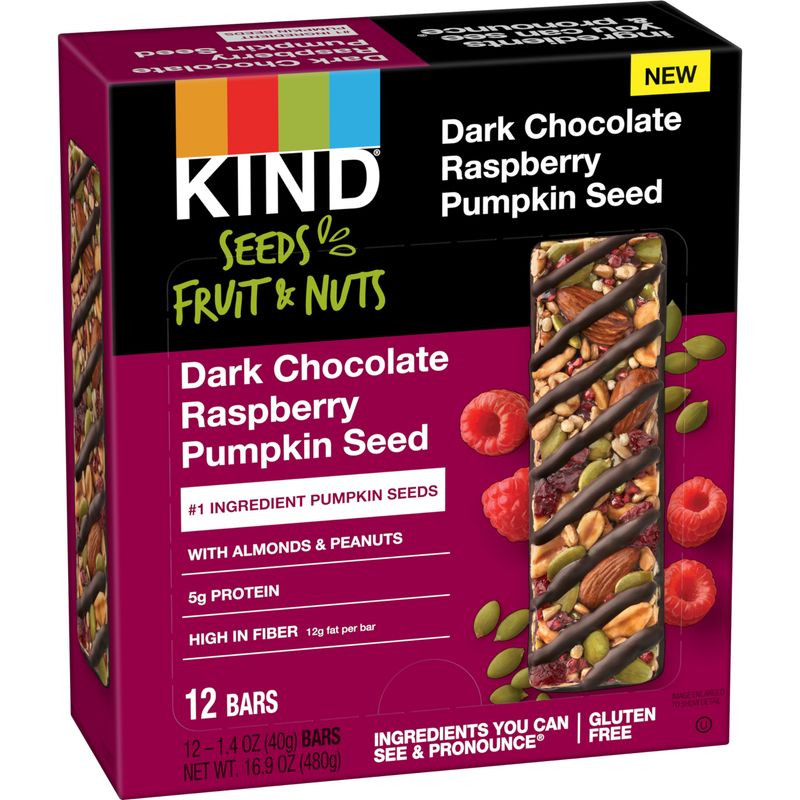 KIND Seeds Fruit &amp; Nuts Snack Bar, Dark Chocolate Raspberry Pumpkin Seed | 5g Protein, High Fiber, Gluten Free Bars, 1.4 OZ, 12 Count