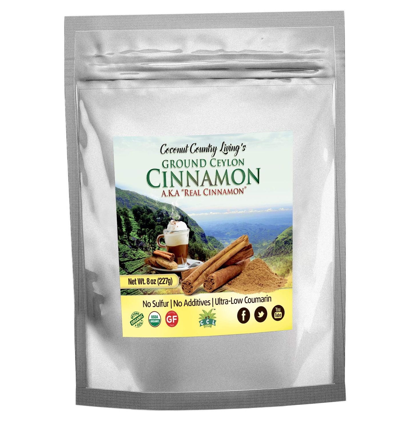 Coconut Country Living&#39;s Organic Ground Ceylon Cinnamon 8 oz - True Raw Powdered Cinnamon Bark from Sri Lanka - Premium Grade Mild, Naturally Sweet Spice for Health &amp; Food - Complimentary eBook