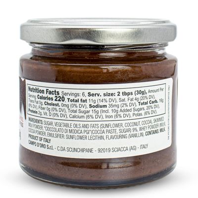 Premium Chocolate Spread, DOP Certified Modica Chocolate, Creamy, Buttery, No Palm Oil, from Sicily, Italy, 6.35oz, Campo D'Oro