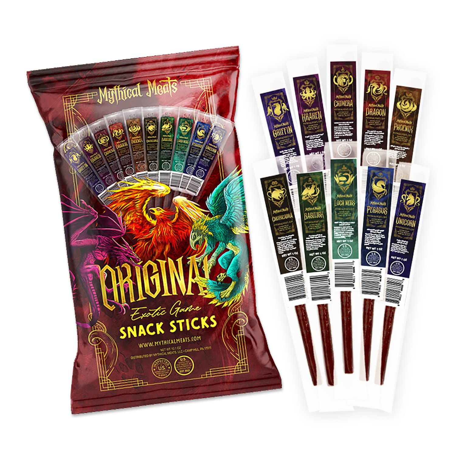 Mythical Meats Original Exotic Flavor Sampler Pack - 10 Exotic Game and Beef Snack Sticks - Dried &amp; Dehydrated Meats Seasoned to Perfection - High Protein Snacks