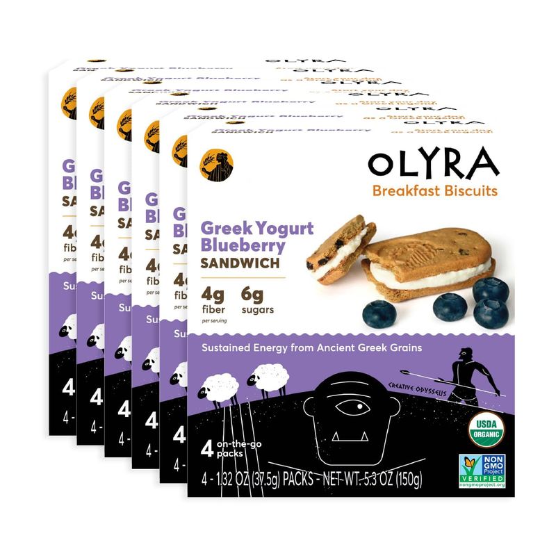 Olyra Organic Breakfast Biscuit Sandwiches | Greek Yogurt Blueberry | Kids Healthy Snacks, Low-Sugar, High Fiber | 4 Count (Pack of 6)