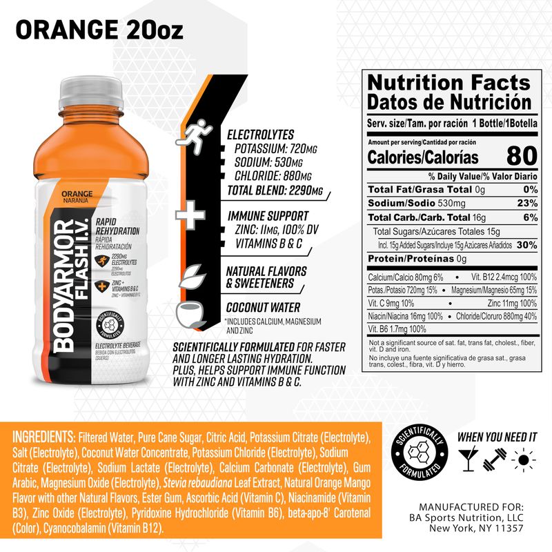 BODYARMOR Flash I.V. Electrolyte Beverage, Orange, 20 Fl Oz (Pack of 12)