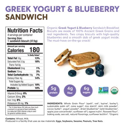 Olyra Organic Breakfast Biscuit Sandwiches | Greek Yogurt Blueberry | Kids Healthy Snacks, Low-Sugar, High Fiber | 4 Count (Pack of 6)
