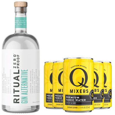 Ritual Zero Non-Alcoholic Gin Alternative with 5 Pack of Q Mixers Tonic Water for your favorite Alcohol-Free Mixed Drink