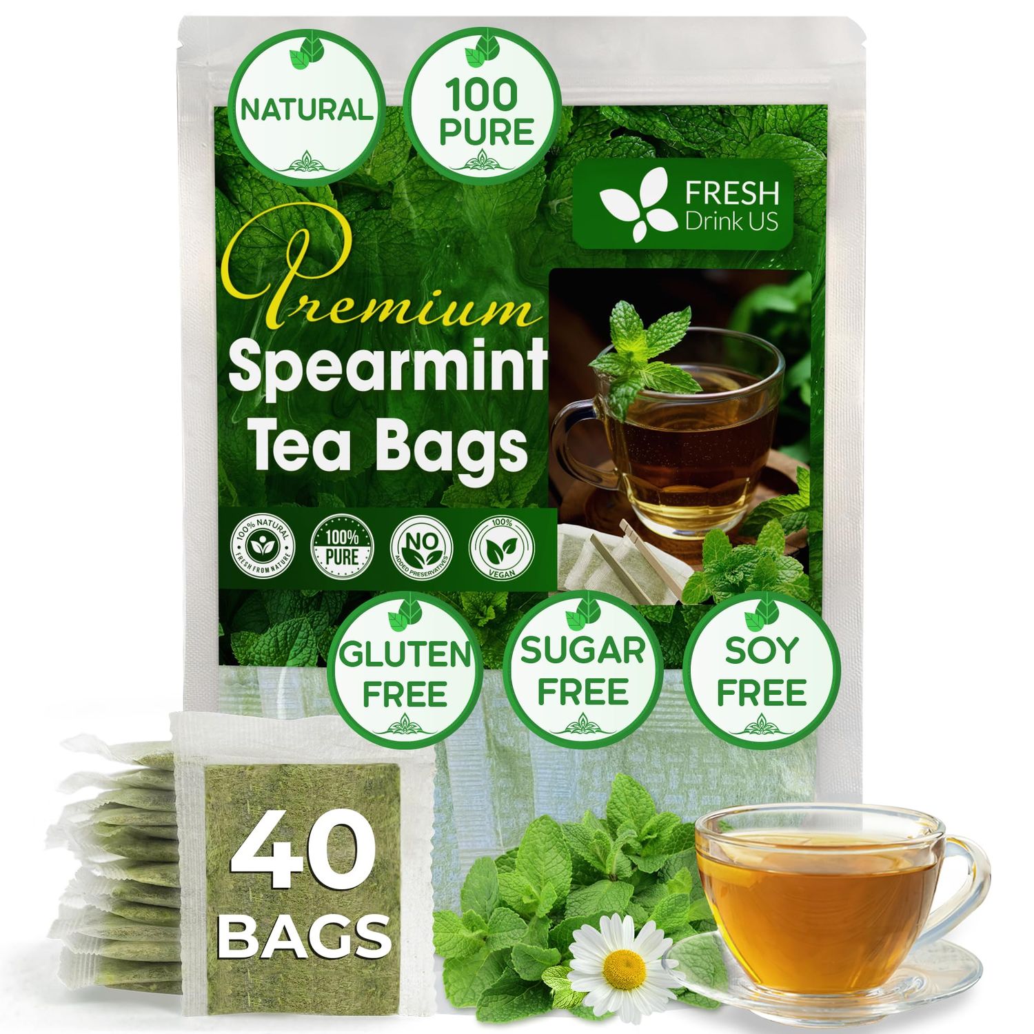 FreshDrinkUS, Premium 40 Spearmint Tea Bags, 100% Natural Spearmint Leaves. Loose Leaf Spearmint Herbal Tea. Spearmint Leaf Tea. No Sugar, No Caffeine, No Gluten, Vegan.