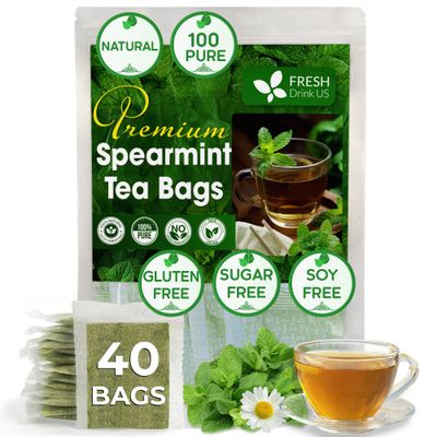 FreshDrinkUS, Premium 40 Spearmint Tea Bags, 100% Natural Spearmint Leaves. Loose Leaf Spearmint Herbal Tea. Spearmint Leaf Tea. No Sugar, No Caffeine, No Gluten, Vegan.
