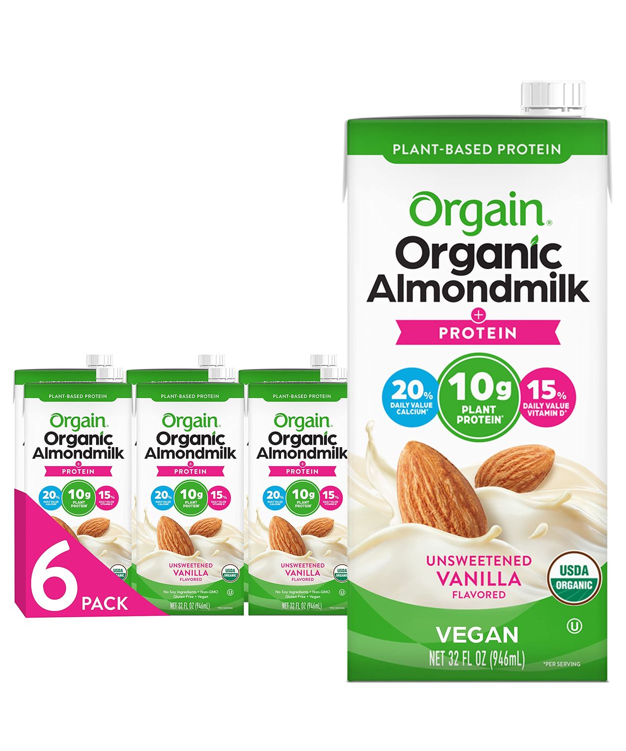 Orgain Organic Vegan Protein Almond Milk, Unsweetened Vanilla - 10g Plant Protein, Vitamin D &amp; Calcium, No Lactose, Dairy &amp; Soy Ingredients, Gluten Free, No Sugar Added, 32 Fl Oz (Pack of 6)