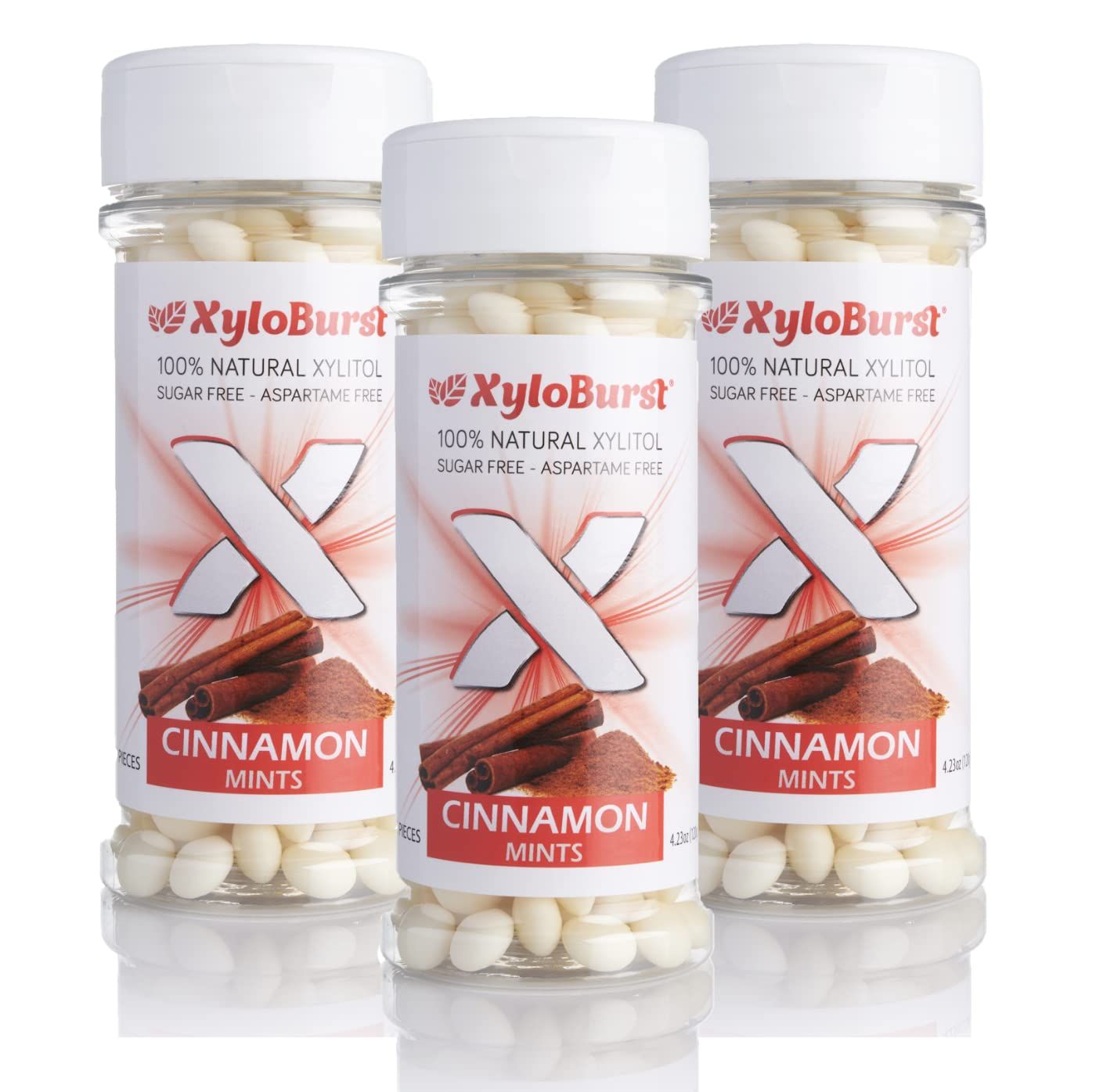 XyloBurst - Xylitol Mints | Sugar Free Breath Mints for Oral Health | Gluten Free, Vegan, Keto Friendly | Aspartame Free Mints | Cinnamon | 200 Count Jar, 3-Pack