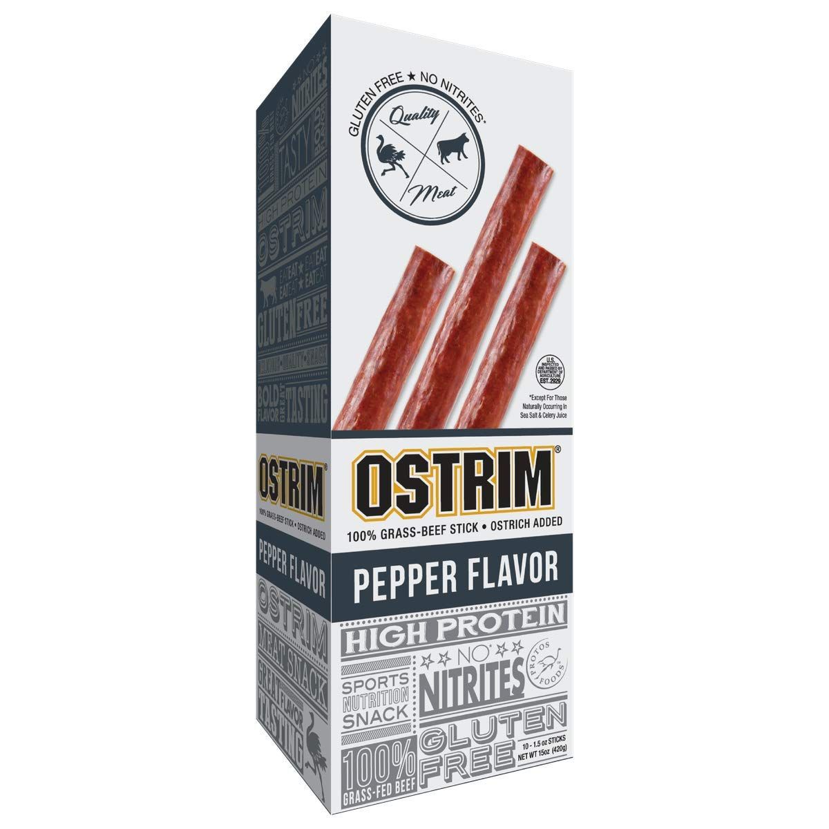 Ostrim Grass-Fed Beef &amp; Ostrich Jerky Snack Sticks-Pepper Flavor, 1.5 oz (Pack of 10)