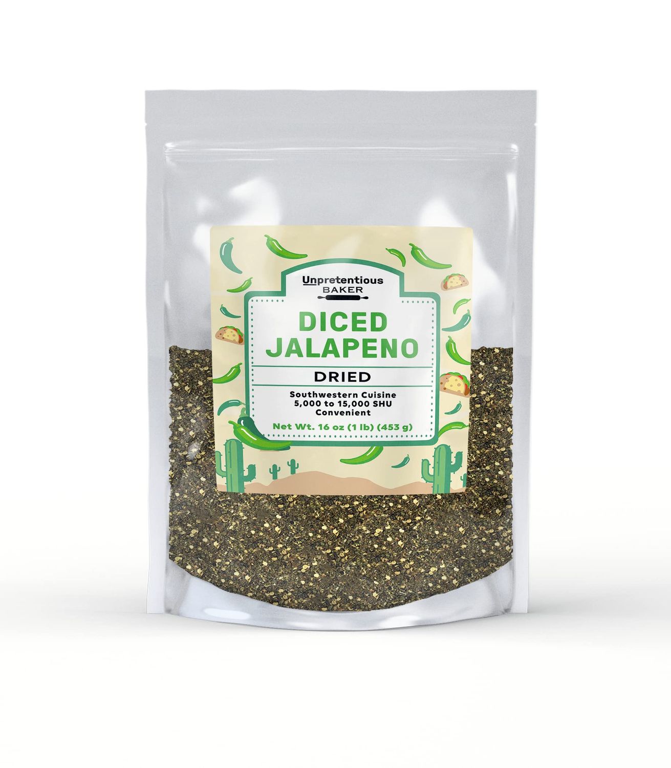 Unpretentious Dried Diced Jalapeno, 1 lb, Mild to Medium Heat, 5,000 to 15,000 SHU, Southwestern Cuisine