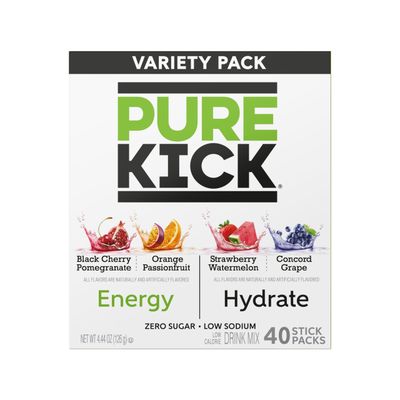 Pure Kick Hydrate and Energy Variety Pack - 40 Sticks per Box - Pack of 2 Boxes - Powdered Drink Mix - 2 Flavors of Energy and 2 Hydrate Flavors - Zero Sugar