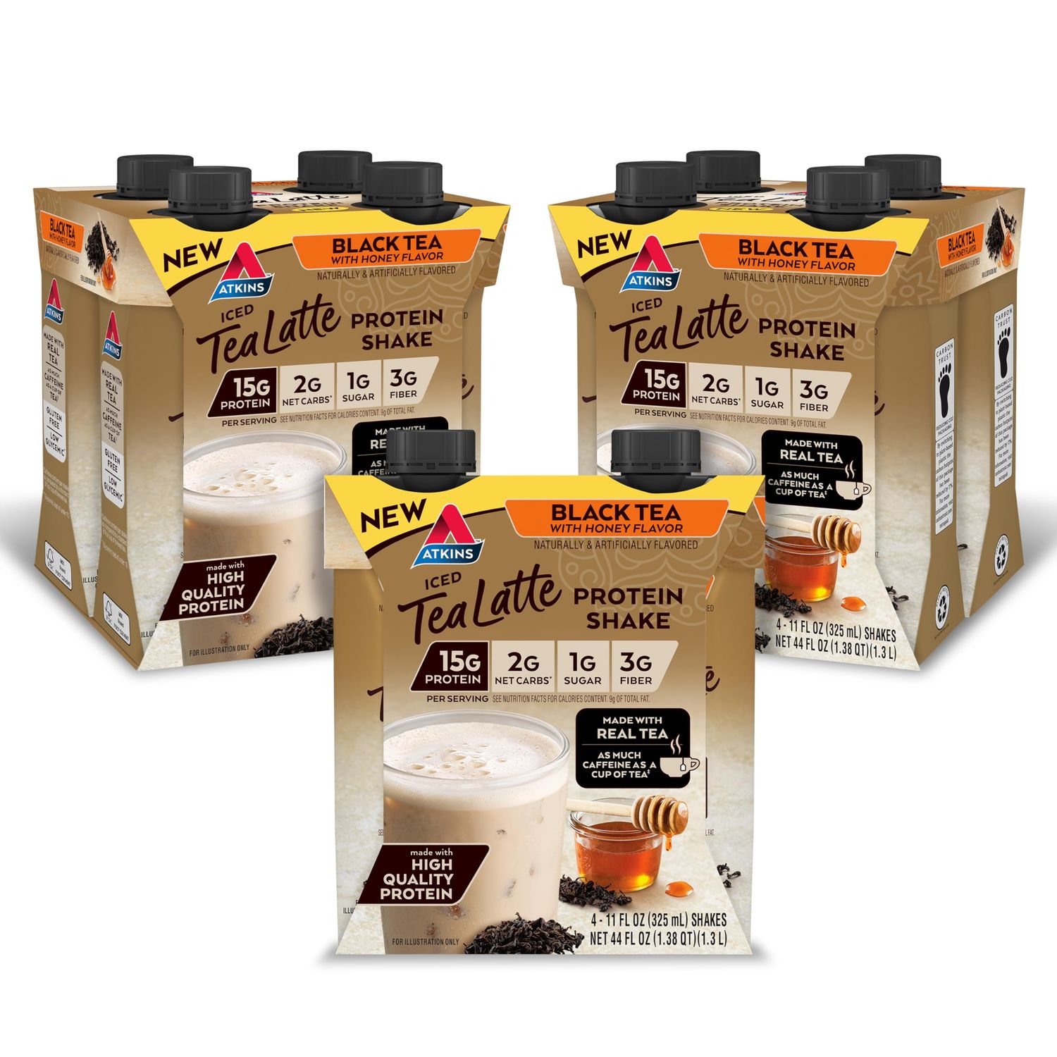 Atkins Iced Tea Latte Protein Shake, Black Tea with Honey, 15g Protein, 3g Fiber, 1g Sugar, Made with Real Tea, 12 Shakes